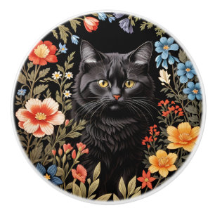Elegante schwarze Katze bunte Blumenmuster Keramikknauf