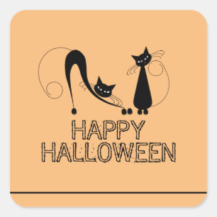 Elegante schwarze Katze, Frohes Halloween Quadratischer Aufkleber