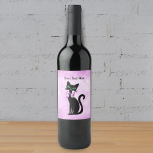 Elegante schwarze Katze grüne Augen Schleife hellr Weinetikett