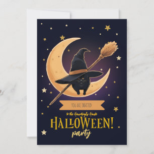 Elegante schwarze Katze, Halbmond Besen Halloween Einladung