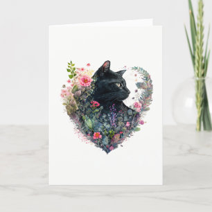Elegante Schwarze Katze in gemischten Blume Valent Feiertagskarte