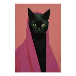 Elegante schwarze Katze in Rosa Poster
