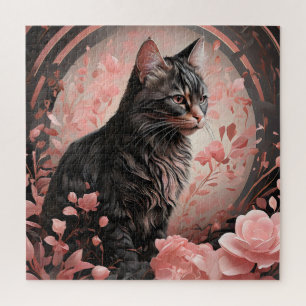 Elegante schwarze Katze umgeben von rosa Blume Puzzle