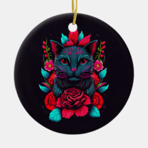 Elegante schwarze Katze umgeben von Rote Rosen   Keramik Ornament