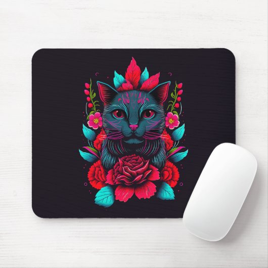Elegante schwarze Katze umgeben von Rote Rosen | Mousepad (Mit Mouse)