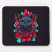 Elegante schwarze Katze umgeben von Rote Rosen | Mousepad (Vorne)