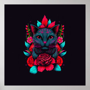 Elegante schwarze Katze umgeben von Rote Rosen   P Poster
