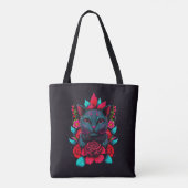 Elegante schwarze Katze umgeben von Rote Rosen | Tasche (Rückseite)
