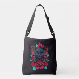 Elegante schwarze Katze umgeben von Rote Rosen Tragetaschen Mit Langen Trägern