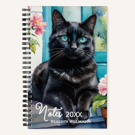 Elegante Schwarze Katze Watercolor Personalisiert Notizblock (Vorderseite)