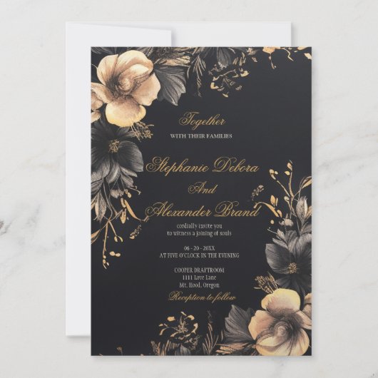 Elegante Schwarze Klassik Dunkelgotische Blumenhoc Einladung (Vorderseite)