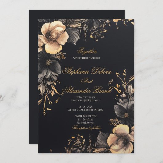 Elegante Schwarze Klassik Dunkelgotische Blumenhoc Einladung (Vorne/Hinten)