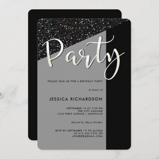 Elegante Schwarze Krawatte| Glitzer Look Party Ein Einladung (Vorne/Hinten)