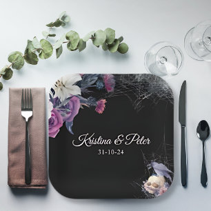 Elegante schwarze lila gotische florale Totenkopf- Pappteller