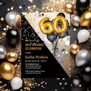 Elegante schwarze Luftballons   Goldene 60. Geburt Acryleinladungen