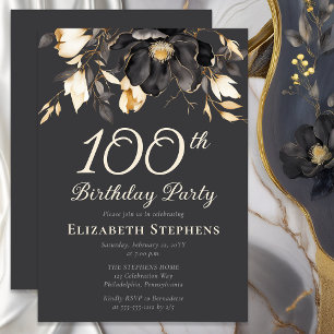 Elegante schwarze Magnolie 100. Geburtstagsfeier Einladung