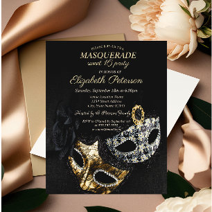Elegante schwarze Maskerade, Masken-Sweet-Sixteen Einladung