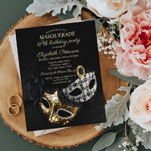 Elegante schwarze Maskerade, Maskenball 18. Geburt Einladungspostkarte