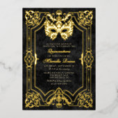 Elegante Schwarze Masquerade Maske Quinceanera Folieneinladung (Vorderseite)