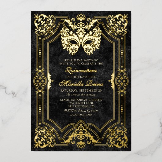 Elegante Schwarze Masquerade Maske Quinceanera Folieneinladung (Vorderseite)