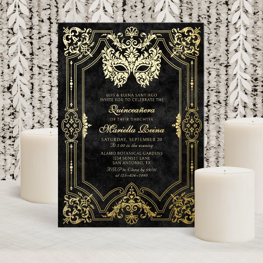 Elegante Schwarze Masquerade Maske Quinceanera Folieneinladung