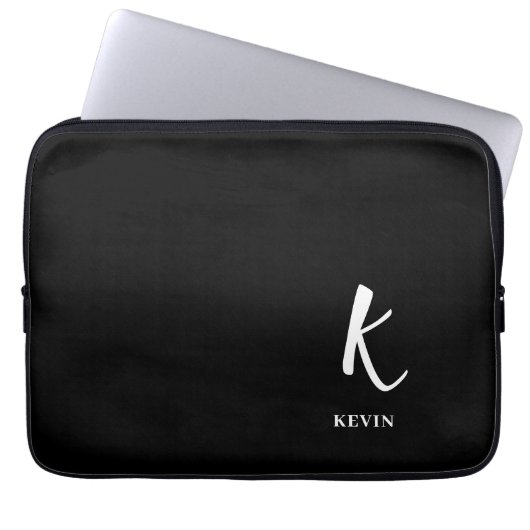 Elegante schwarze Monogramm-Laptoptasche Laptopschutzhülle (Vorderseite)
