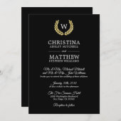 Elegante Schwarze-Monogramm-Laurel-Hochzeit Einladung (Vorne/Hinten)