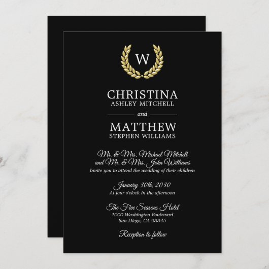Elegante Schwarze-Monogramm-Laurel-Hochzeit Einladung (Vorne/Hinten)