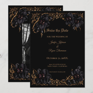 Elegante schwarze Orchideen-Gothic-Hochzeit Termin Ankündigung