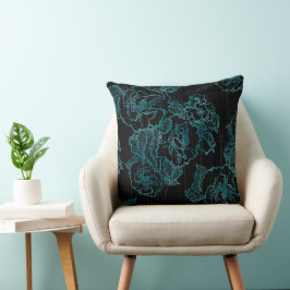 Elegante Schwarze Peonies Pillow Aquamarin Kissen