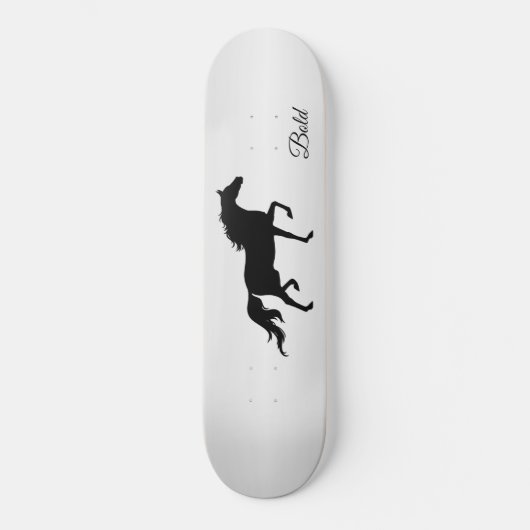 Elegante schwarze Pferde-Silhouette auf grauem Gra Skateboard (Vorderseite)