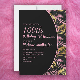 Elegante schwarze pink-goldene 100. Geburtstagsfei Einladung