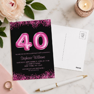 Elegante schwarze pinke Einladung zur 40. Geburtst Postkarte