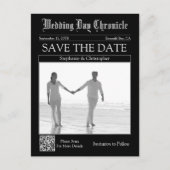 Elegante schwarze QR-Code-Zeitungs-Hochzeit-Save-t Postkarte (Vorderseite)