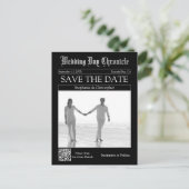Elegante schwarze QR-Code-Zeitungs-Hochzeit-Save-t Postkarte (Stehend Vorderseite)