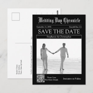 Elegante schwarze QR-Code-Zeitungs-Hochzeit-Save-t Postkarte