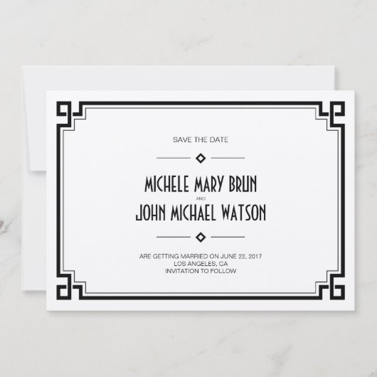 Elegante Schwarze Rahmen Art-Deco Save the Date Ka (Vorderseite)