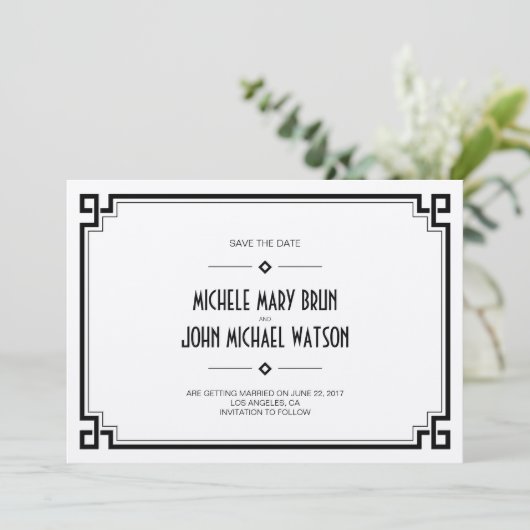 Elegante Schwarze Rahmen Art-Deco Save the Date Ka (Stehend Vorderseite)