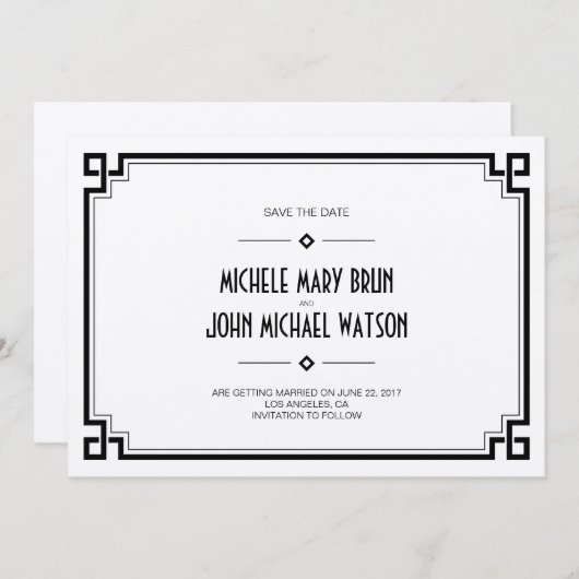 Elegante Schwarze Rahmen Art-Deco Save the Date Ka (Vorne/Hinten)