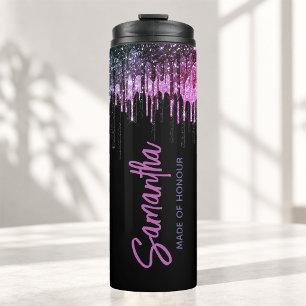 Elegante schwarze rosa-glitzer-tropfen-brautschäft thermosbecher