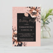 Elegante Schwarze Rose Gold Blumengeschmack Einladung (Stehend Vorderseite)
