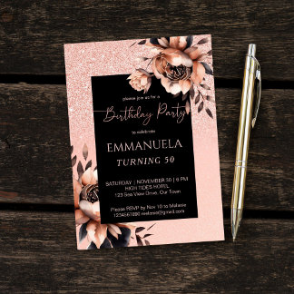 Elegante Schwarze Rose Gold Blumengeschmack Einladung