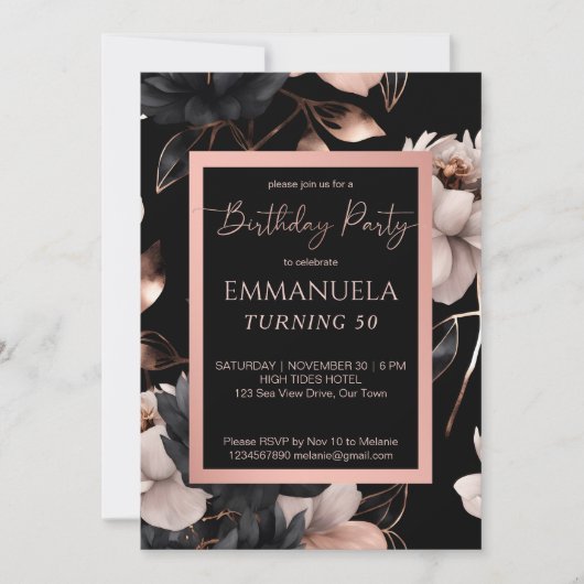 Elegante Schwarze Rose Gold Blumengeschmack Einladung (Vorderseite)