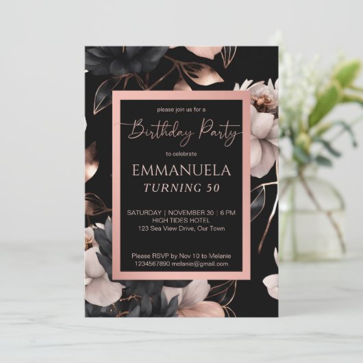 Elegante Schwarze Rose Gold Blumengeschmack Einladung (Stehend Vorderseite)