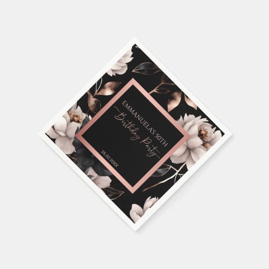 Elegante Schwarze Rose Gold Blumengeschmack Serviette (Ecke)