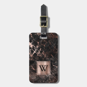 Elegante Schwarze Rose Gold Marmor Monogram Vertik Gepäckanhänger