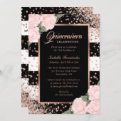 Elegante Schwarze Rose Gold Rosa Flora Quinceñera Einladung (Vorne/Hinten)