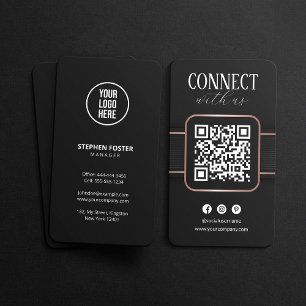 Elegante schwarze Rose-Gold- Verbinde-mit-uns-QR-C Visitenkarte