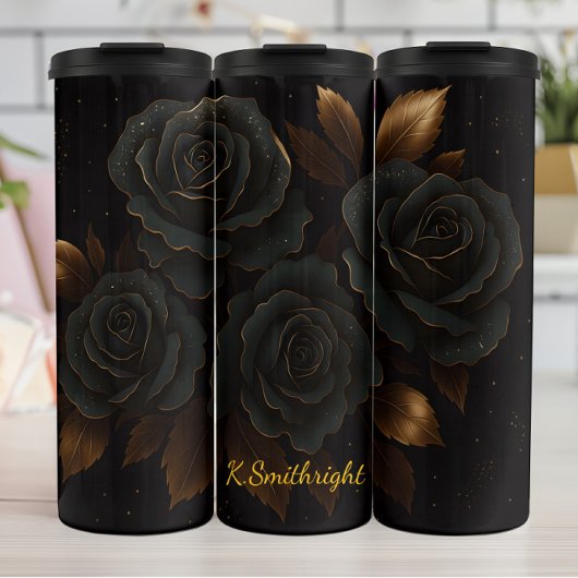 Elegante Schwarze Rose Goldene Akzente Thermosbecher
