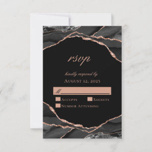 Elegante schwarze Rose-Goldfolie-Achat-Hochzeit RSVP Karte